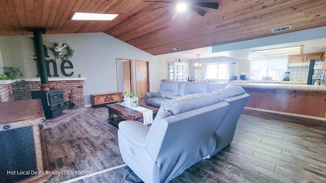 living room featuring dark hardwood / wood-style flooring, ceiling fan, wooden ceiling, a wood stove, and lofted ceiling