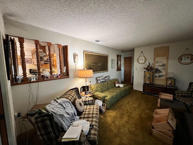 living room with carpet floors and a textured ceiling