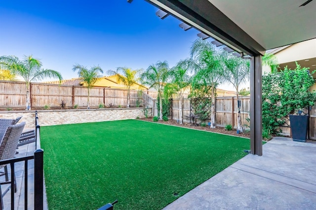 view of yard featuring a patio area and a fenced backyard