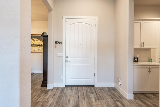 foyer with baseboards and wood finished floors