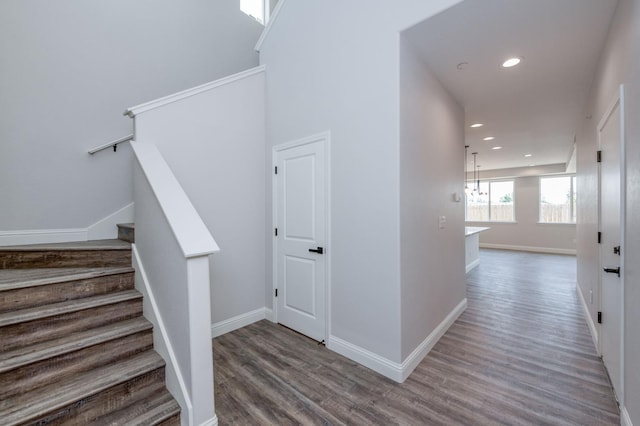 stairs featuring hardwood / wood-style floors