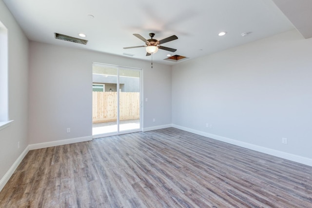 unfurnished room featuring wood-type flooring and ceiling fan