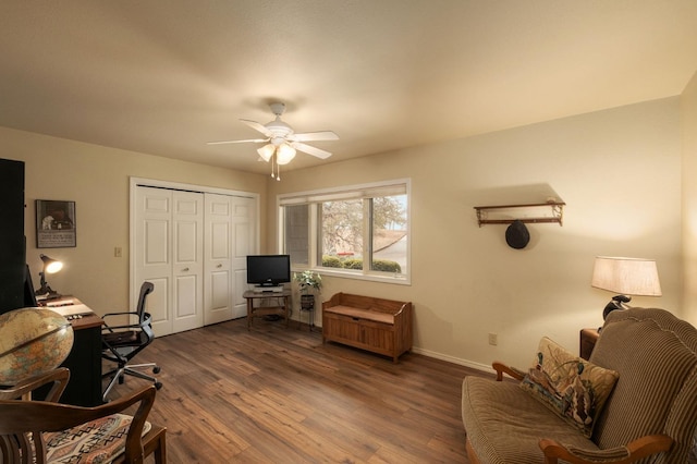 office featuring ceiling fan and dark hardwood / wood-style floors