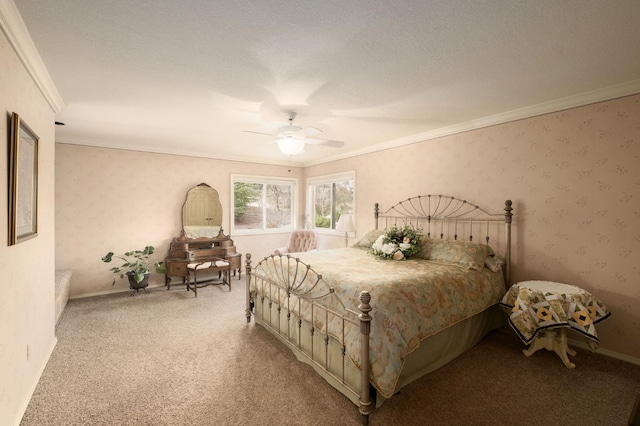 carpeted bedroom with crown molding, ceiling fan, and a textured ceiling