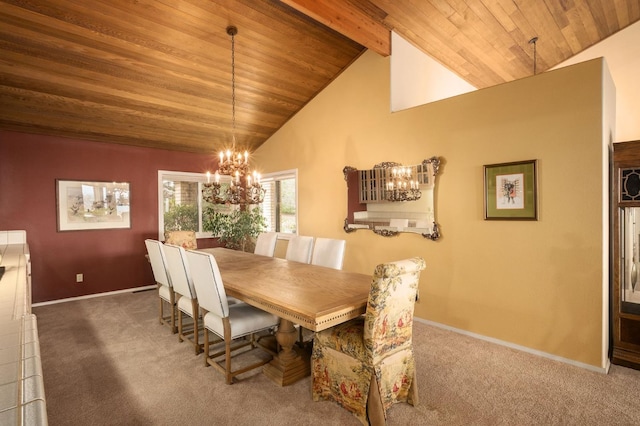 dining area with wood ceiling, an inviting chandelier, high vaulted ceiling, beamed ceiling, and carpet floors