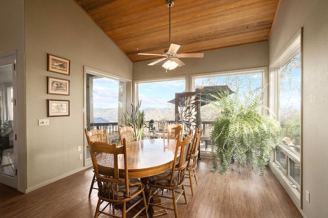 dining space with hardwood / wood-style floors, ceiling fan, wooden ceiling, and vaulted ceiling