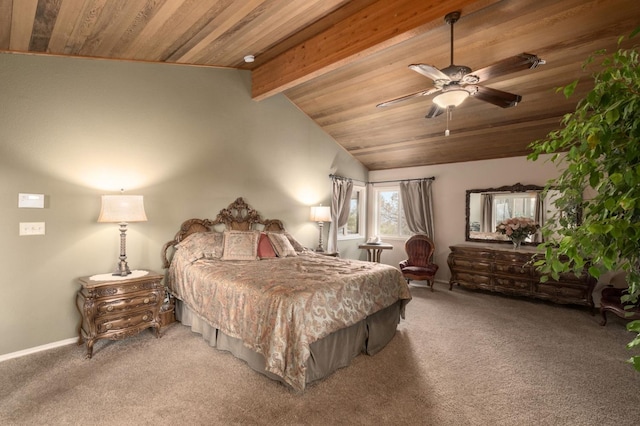 bedroom with vaulted ceiling with beams, ceiling fan, carpet, and wood ceiling