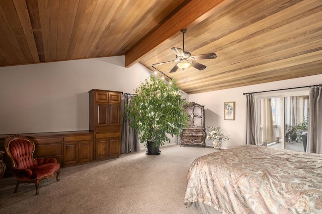 carpeted bedroom featuring access to outside, vaulted ceiling with beams, ceiling fan, and wooden ceiling