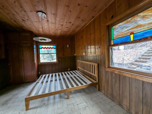 interior space featuring wood walls and wooden ceiling