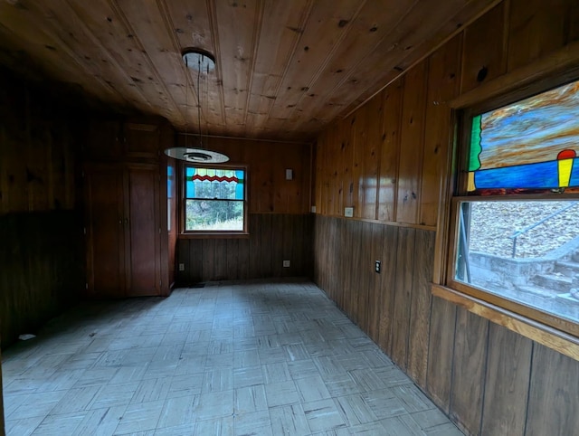 spare room with wooden ceiling and wooden walls