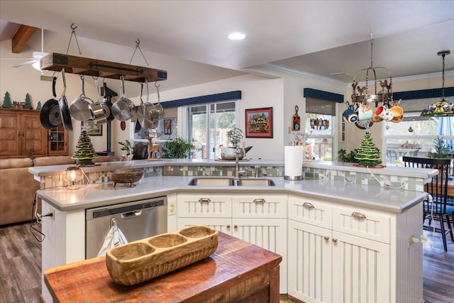 kitchen with stainless steel dishwasher, a kitchen island with sink, sink, dark hardwood / wood-style floors, and white cabinetry