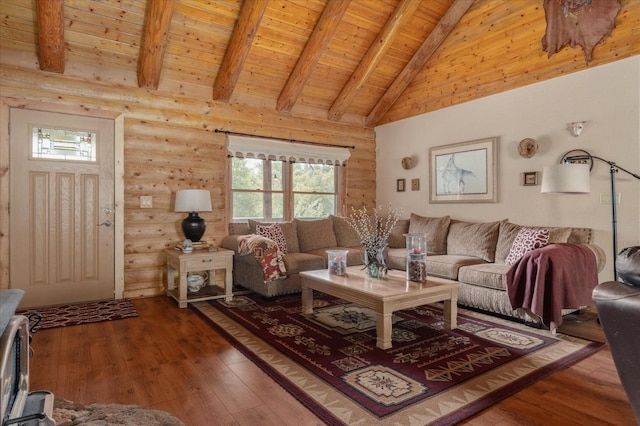 living room with beamed ceiling, wood-type flooring, high vaulted ceiling, and wooden ceiling