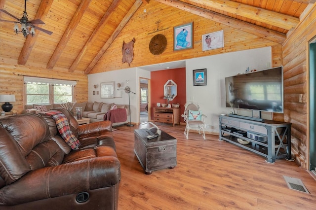 living room with hardwood / wood-style floors, beam ceiling, wooden ceiling, and high vaulted ceiling