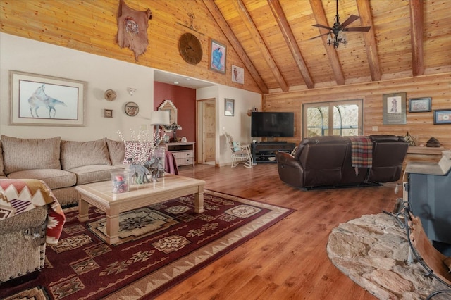 living room with wooden ceiling, high vaulted ceiling, ceiling fan, beam ceiling, and wood-type flooring