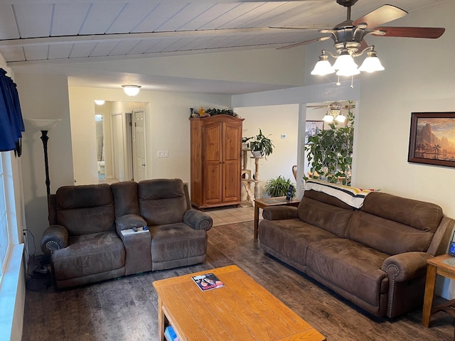 living room featuring lofted ceiling, wooden ceiling, ceiling fan, and dark wood-type flooring