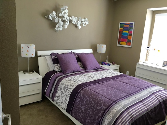 bedroom featuring dark colored carpet