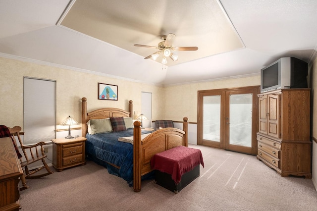 bedroom featuring ceiling fan, light carpet, and lofted ceiling