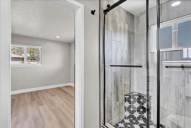 bathroom with hardwood / wood-style floors and walk in shower