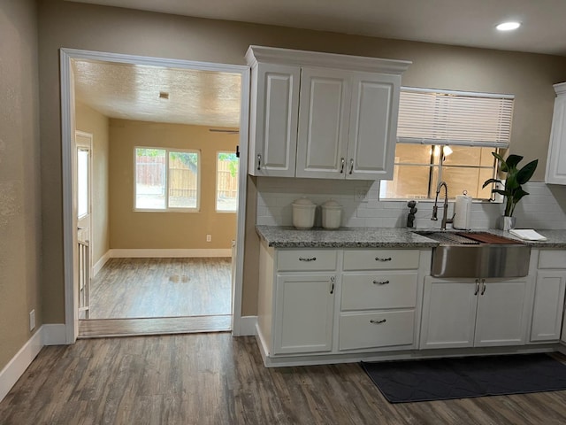 kitchen featuring tasteful backsplash, dark wood-type flooring, light stone countertops, and white cabinets