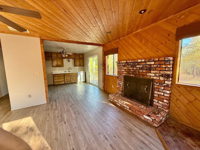 unfurnished living room featuring wood ceiling, wooden walls, ceiling fan, light hardwood / wood-style flooring, and sink