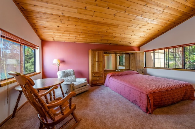 bedroom featuring light carpet, wood ceiling, and lofted ceiling