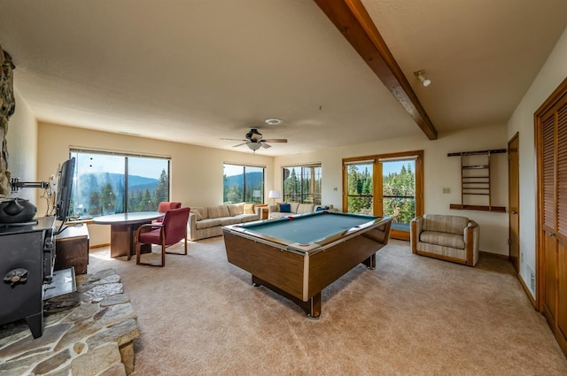 game room featuring ceiling fan, light carpet, beamed ceiling, and pool table