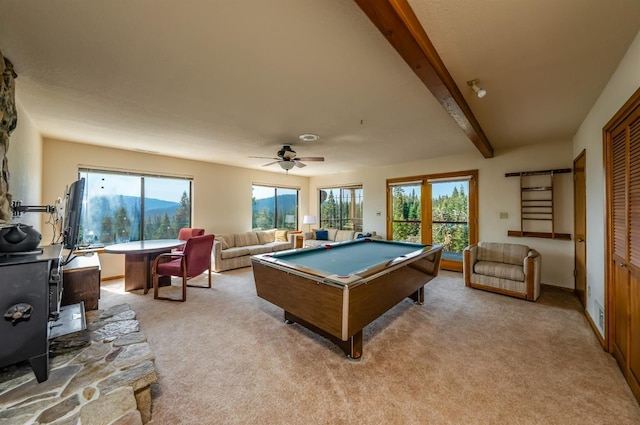 52180 Chahlip Ln, Shaver Lake, CA 93664 - game room featuring beam ceiling, light colored carpet, billiards, and ceiling fan
