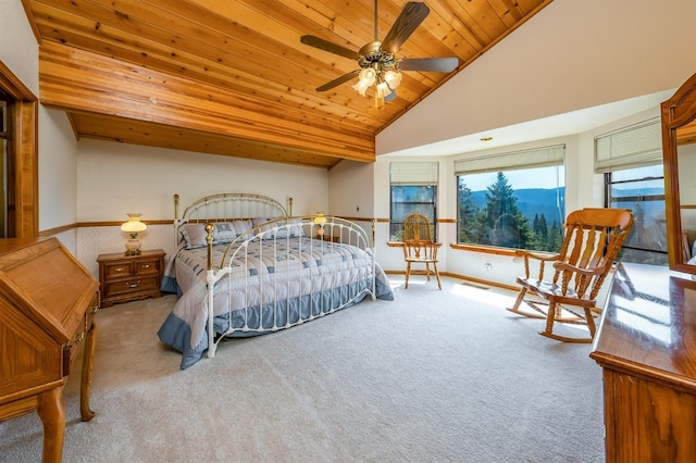 carpeted bedroom with ceiling fan, wood ceiling, and high vaulted ceiling