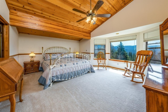 52180 Chahlip Ln, Shaver Lake, CA 93664 - bedroom with carpet floors, wooden ceiling, high vaulted ceiling, and a ceiling fan
