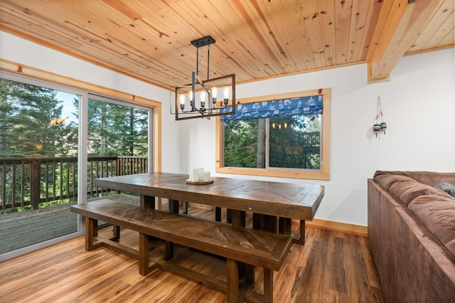 dining space featuring wood ceiling, light wood-style flooring, baseboards, and an inviting chandelier