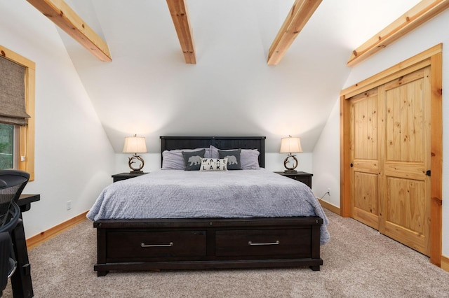 bedroom with light carpet, vaulted ceiling with beams, and baseboards