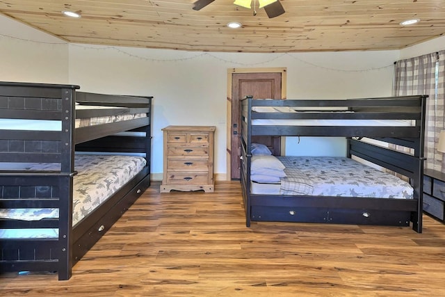 bedroom featuring ceiling fan, wood finished floors, wood ceiling, and recessed lighting