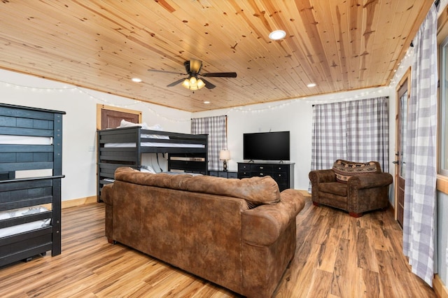 living room with light wood-type flooring, wood ceiling, ceiling fan, and recessed lighting