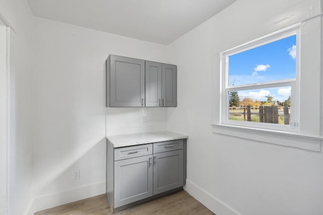 interior space featuring backsplash, gray cabinetry, and light hardwood / wood-style flooring