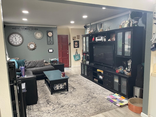 living room with light wood-type flooring and crown molding