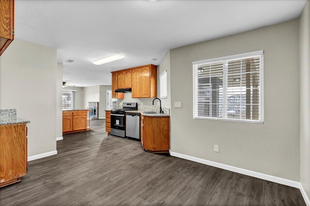 kitchen featuring dark hardwood / wood-style flooring, stainless steel appliances, and plenty of natural light