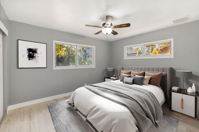 bedroom featuring ceiling fan and light wood-type flooring