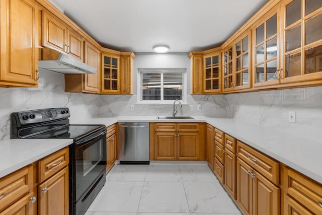 kitchen featuring tasteful backsplash, stainless steel dishwasher, black range with electric stovetop, and sink