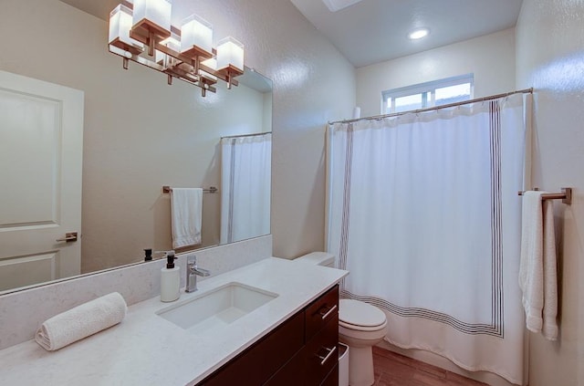 bathroom featuring toilet, vanity, and hardwood / wood-style flooring