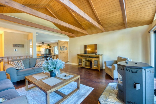 living room featuring vaulted ceiling with beams, dark hardwood / wood-style flooring, a wood stove, and wood ceiling