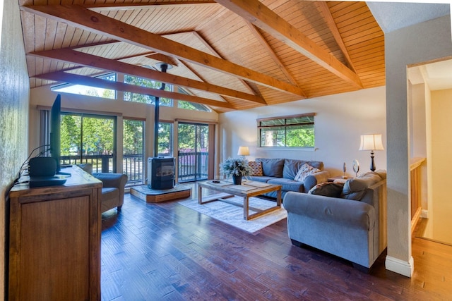 living room featuring wood ceiling, high vaulted ceiling, beamed ceiling, dark hardwood / wood-style floors, and a wood stove