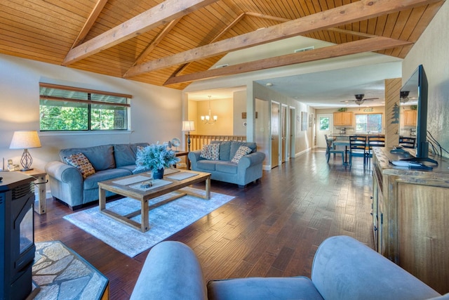 living room with vaulted ceiling with beams, plenty of natural light, dark hardwood / wood-style flooring, and wood ceiling