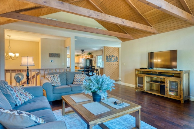 living room featuring wood ceiling, lofted ceiling with beams, dark hardwood / wood-style floors, and an inviting chandelier