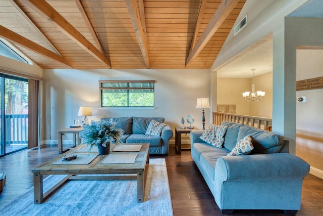 living room with vaulted ceiling with beams, a healthy amount of sunlight, dark wood-type flooring, and an inviting chandelier