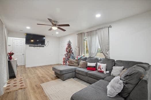 living room featuring ceiling fan and light wood-type flooring