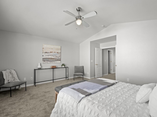 carpeted bedroom featuring vaulted ceiling and ceiling fan