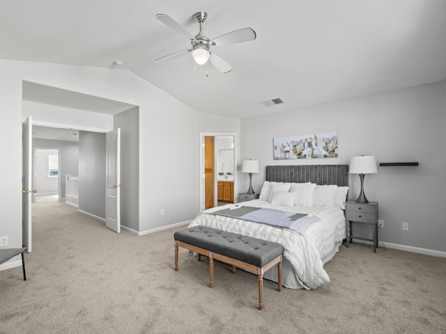 bedroom with light carpet, vaulted ceiling, and ceiling fan