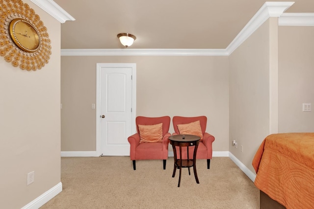 living area with crown molding and light carpet