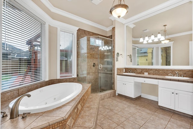 bathroom with tile patterned floors, vanity, shower with separate bathtub, and crown molding