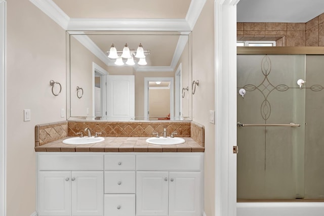 bathroom with vanity, tasteful backsplash, and crown molding